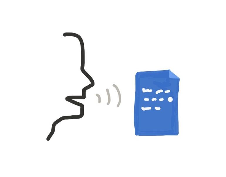 This is a vector image of the outline of a face with three curve lines around the mouth and a blue document, this denotes " How to speech-to-text in Google Docs"