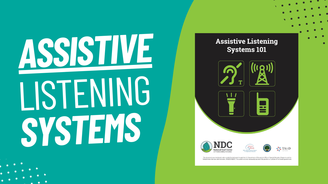 The image appears to be a graphical user interface displaying information about assistive listening systems. The text "Assistive Listening Systems 101" and "NDC" are prominently featured.