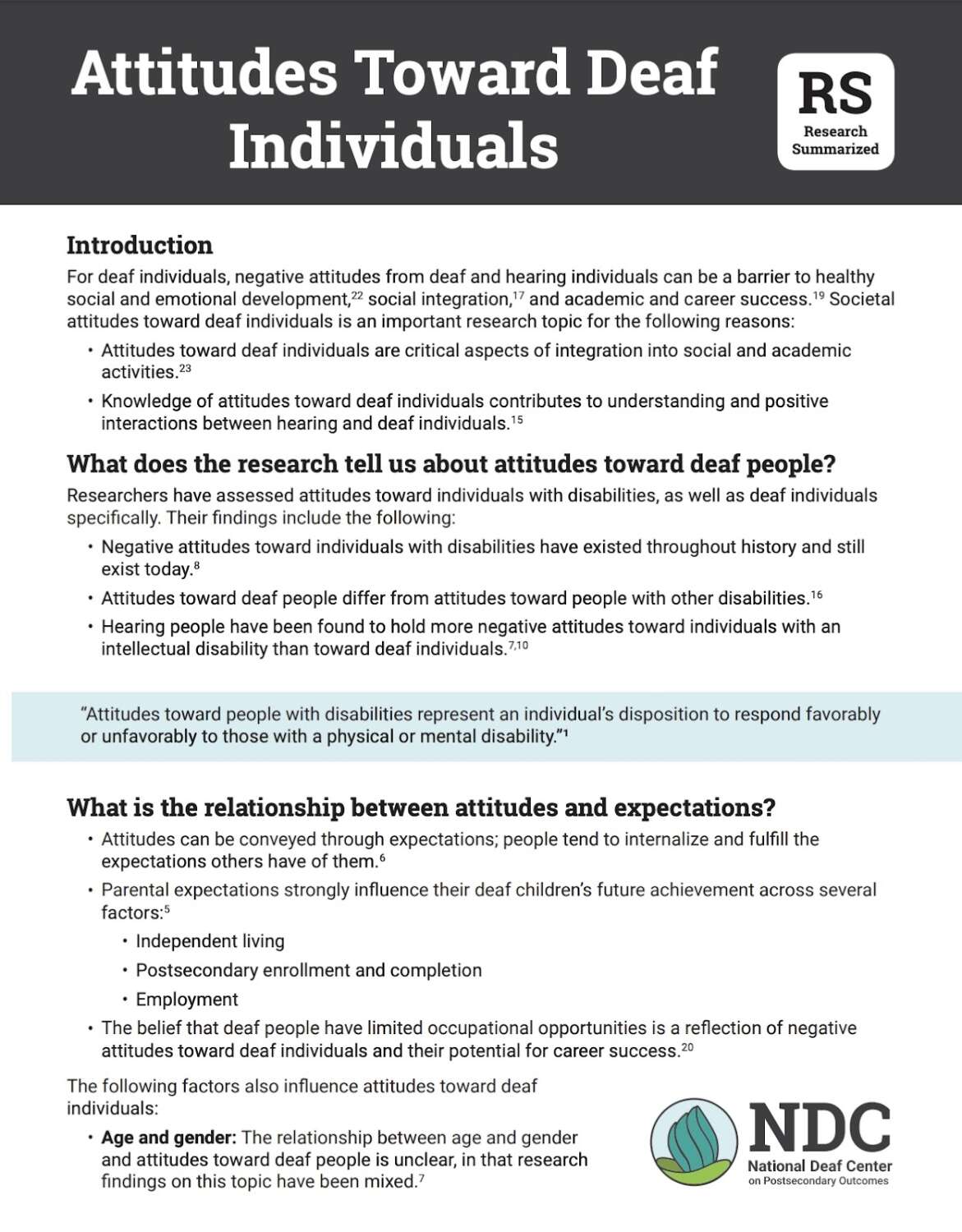 This is a screenshot of a document discussing attitudes toward deaf individuals. The text covers research findings about societal attitudes, the relationship between attitudes and expectations, and factors influencing attitudes toward deaf individuals. The document emphasizes the importance of understanding and promoting positive interactions between hearing and deaf individuals.