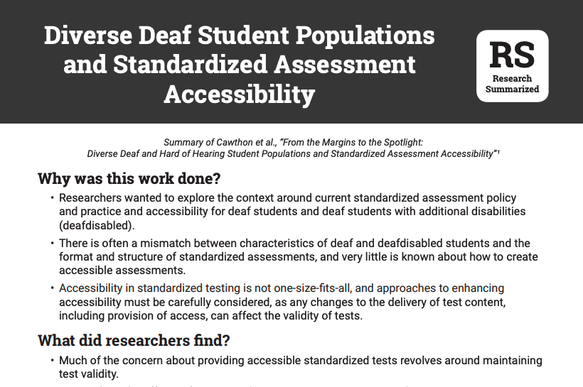 The image appears to be a graphical user interface displaying text related to a research summary on the topic of "Diverse Deaf Student Populations and Standardized Assessment Accessibility." The content discusses the context, purpose, and findings of the research.