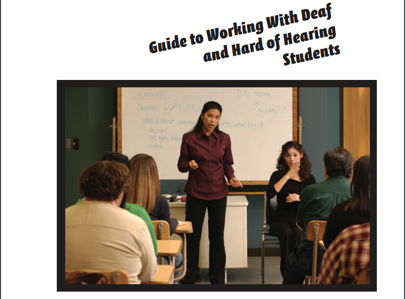 The image depicts a person giving a presentation on "Guide to Working With Deaf and Hard of Hearing Students." The person appears to be a woman, and the setting is indoors.