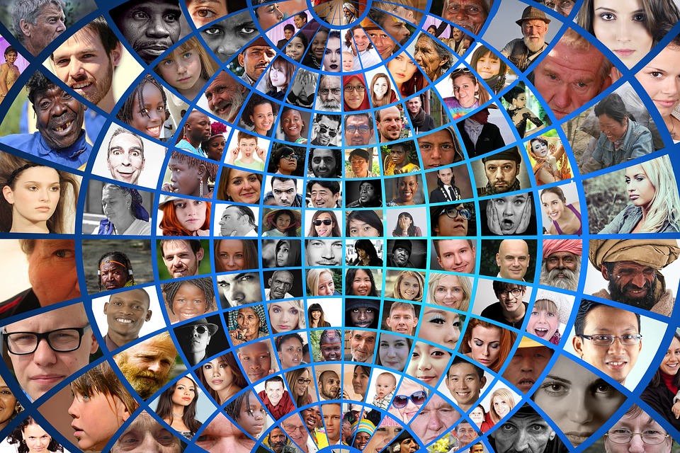 The image is a collage of variety people in mosaic style.