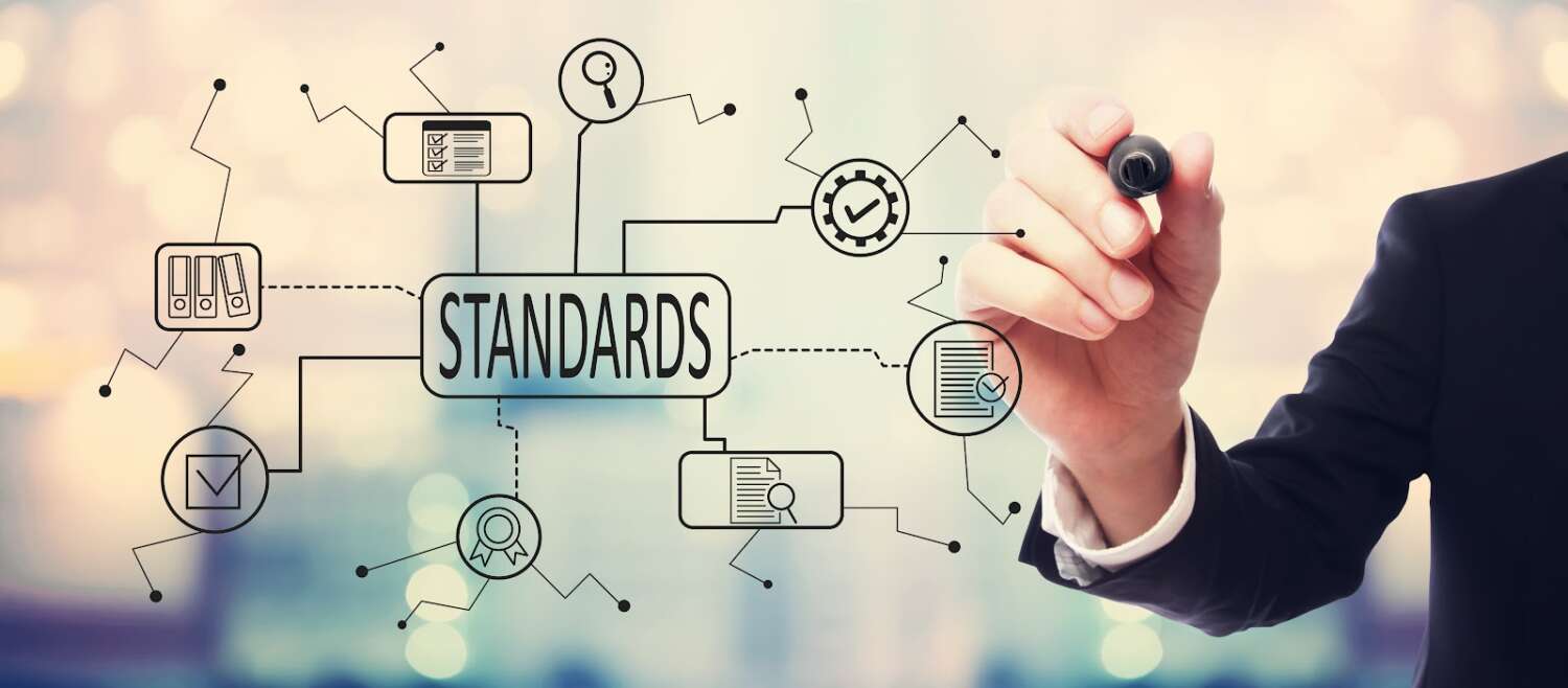 The image appears to show a person's hand writing on a whiteboard with text,"Standards".