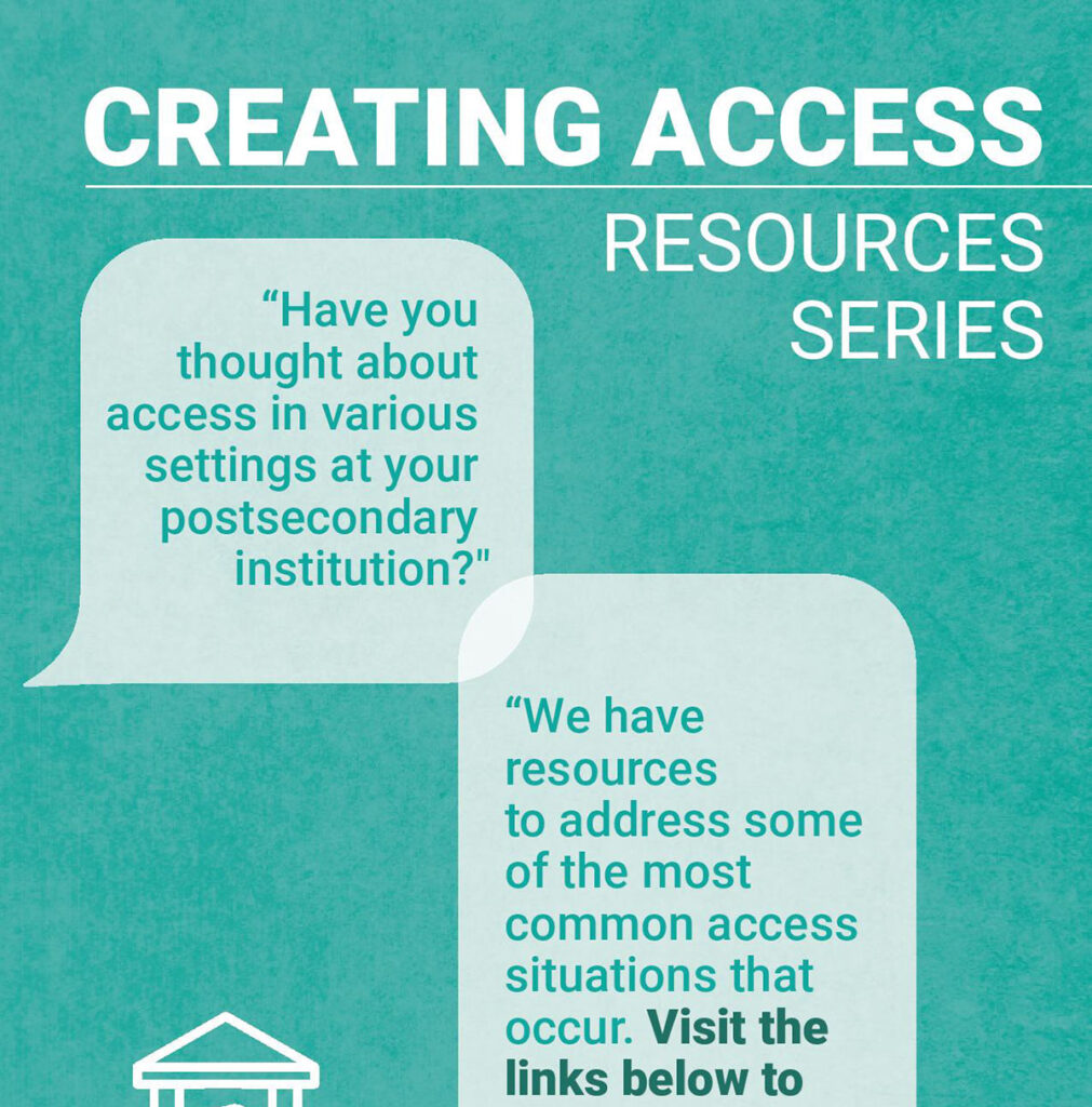 This image has a green background. On the top center, there is the text " CREATING ACCESS" followed by " RESOURCES SERIES". Just below is an image of a white speech bubble with the text " Have you thought about access in various settings at your postsecondary institution?" & another speech bubble with the text " We have resources to address some common access situations that occur. Visit the links below to"
