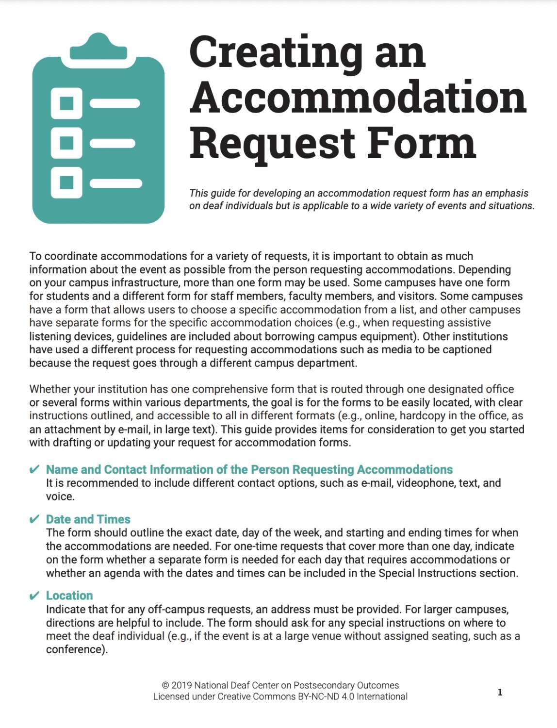 The image is a screenshot of a document providing a guide for creating an accommodation request form with an emphasis on deaf individuals. It includes considerations for obtaining information about the event, coordinating accommodations, and providing clear instructions. The guide outlines the information to include such as name and contact information, date and times, and location for the accommodations.