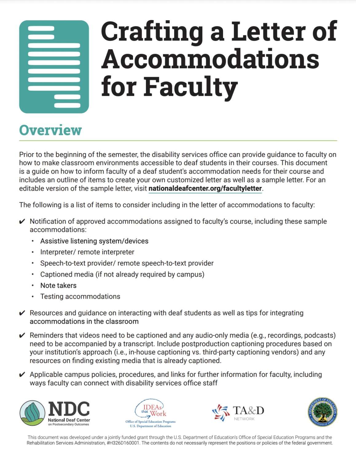 The image is a screenshot of a document titled "Crafting a Letter of Accommodations for Faculty," providing guidance to faculty on making classroom environments accessible to deaf students. It includes a list of items to consider in the letter of accommodations, resources for interacting with deaf students, and reminders about captioning media and audio-only materials. The document also outlines campus policies, procedures, and links for further information for faculty.
