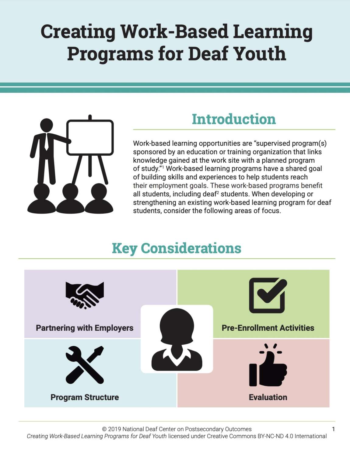 The content provided is a description of creating work-based learning programs for deaf youth. It includes information about the introduction, key considerations, partnering with employers, pre-enrollment activities, program structure, and evaluation.