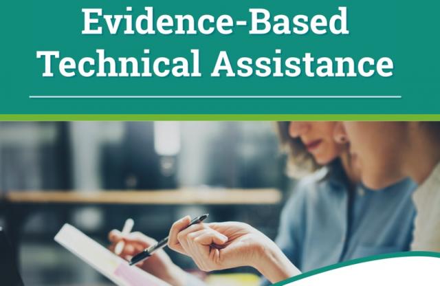 This image shows a blurred image of two people looking in a book. On top of the image the text " Evidence-Based Technical Assistance"