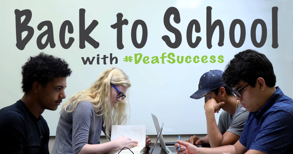 This image shows four students and they are sitting opposite each other. Two are looking at the laptop while the other two are looking at their books. In the background, there is a text written in big fonts " Back to School with " DeafSuccess "