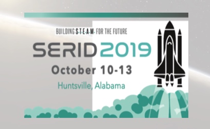 This is a poster with an image of a black rocket on the right. On the top center, there is the text " BUILDING S-T-E-A-M FOR THE FUTURE".Below there is the following text " SERID 2019 October 10-13, Huntsville, Alabama