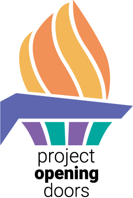 This is an illustration of the logo of the project opening doors. The logo is illustrated in the form of a flaming torch with the flames depicted in yellow and orange color while the handle of the torch is depicted in purple and green.