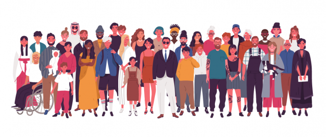 This image is a cartoon illustration of a group of people from different races, ethnicity & gender together. There is also a person in a wheelchair.