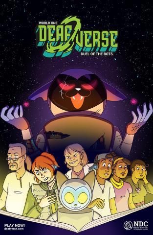 Move-style poster with Deafverse logo at the top. Below, illustrated versions of Deafverse's cast and Catbot read a book, while a large Evil Catbot looms in the background.