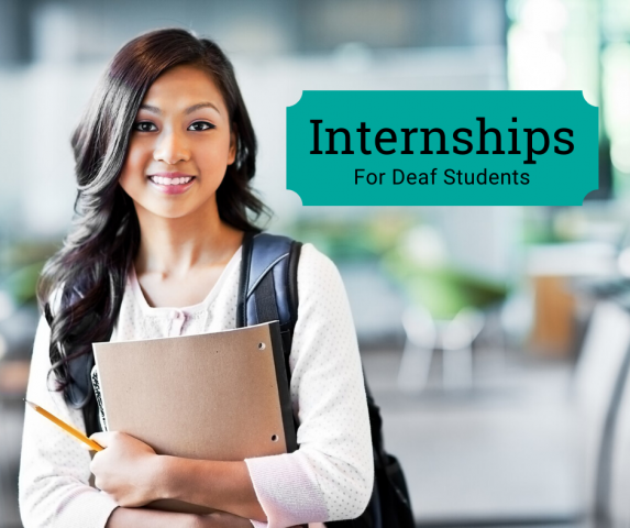 This image shows a teenage girl looking at the camera. She also has a backpack and is holding a book and pencils. The background is blurred and there are a hovering text " Internships for Deaf Students"