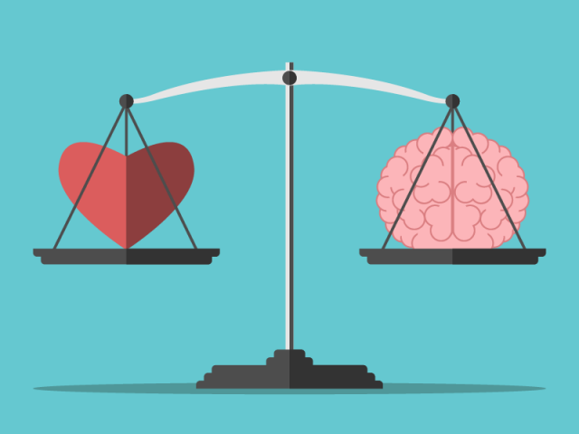 This image is a colorful illustration of a weighing scale with a heart and a brain in perfect balance.