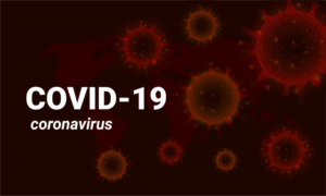 This is a rectangular image with a map of the world as the background in dark red color with images of the COVID-19 virus over it. On the image, there is the text " COVID-19, Coronavirus"