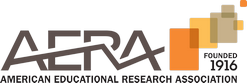 This image is the logo of the American Educational Research Association. The Logo design has the text AERA and next to that is an image of three interlinked brown, yellow, and brown boxes. Also below the boxes, there is the text " FOUNDED 1916"