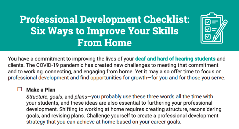 The image is a screenshot of a graphical user interface displaying a text-based application. It contains information about a professional development checklist with tips for improving skills from home. The content emphasizes the importance of making a plan and setting goals for professional growth.