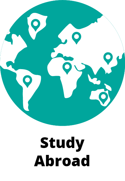 This image shows a Large circle with green background with an illustration of a World map with a location marker on each continent. Below the circle, there is the text " Study Abroad"