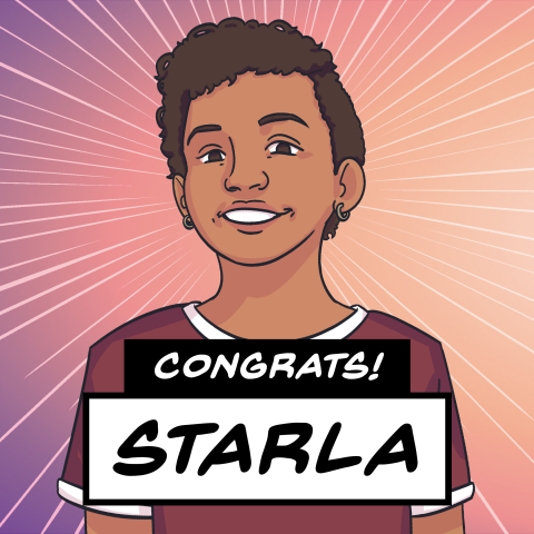 This is a cartoon image of a girl. She has earrings and short curly hair. She is wearing a T-shirt. There is a hovering text " Congrats Starla"
