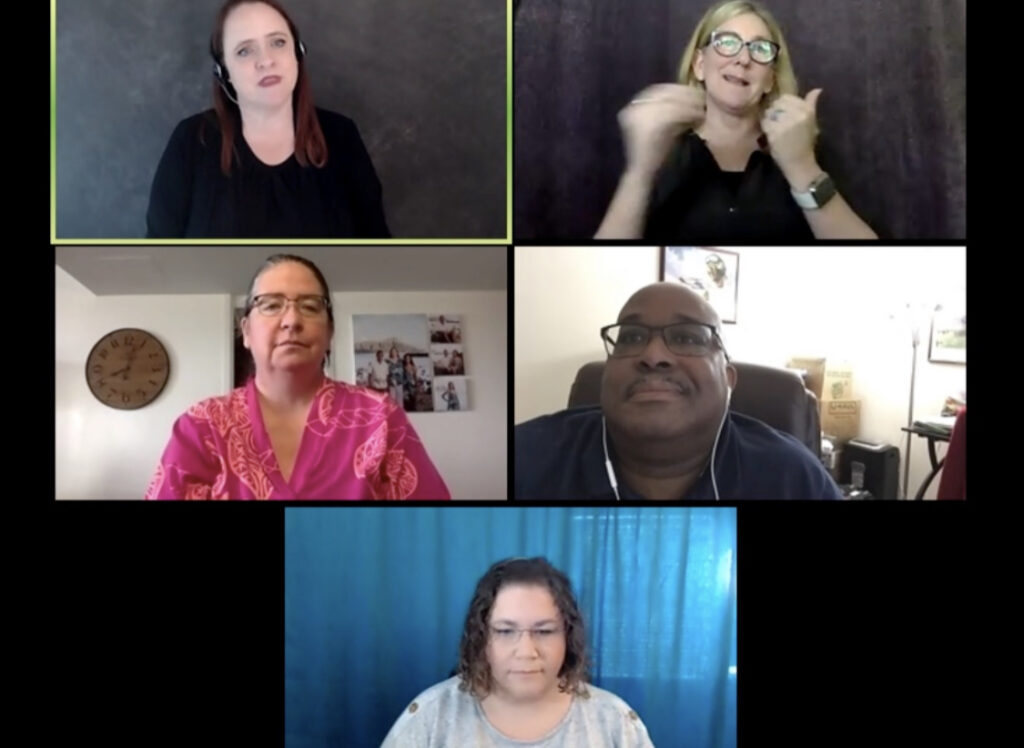 This image is of a screen capture from a video conference happening between Five people, Four Women and One Man. They appear to be having a sign language conversation.