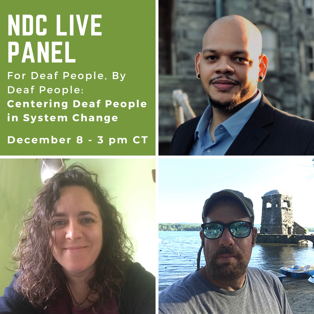 This image is divided into 4 quadrants. The top left section has a green background with some hovering text which reads " NDC LIVE PANEL. For Deaf People, By Deaf People: Centering Deaf People in system change. December 8 - 3 pm CT. The top right section has an image of a bald man in a formal black jacket with a blue shirt inside and black studs in his ears. The bottom right section has the image of a man wearing a cap and mirrored reflecting sunglasses, He also has a brown french mustache and in the background, there is water with some paddle boats. The Bottom left section has an image of a woman with brown curly hair wearing a black jacket with a maroon top inside.