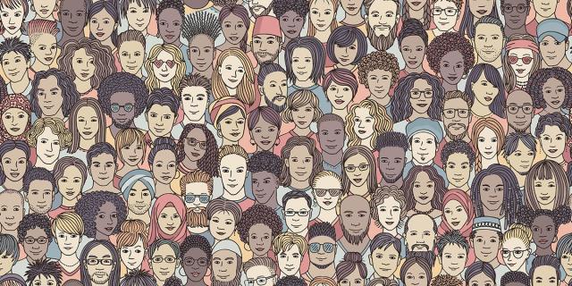 This image has an illustration of the faces of people from different races, gender & ethnicity.