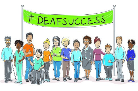 This image shows a banner that reads " #DeafSuccess" suspended between two pools. There is an illustration of thirteen people from different races, gender, and ethnicity standing together just below the banner.