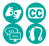 There are four green color circles. In the first circle is an illustration of two hands making some sign language gestures, The second circle has the text "CC" mentioned in it. The third circle has an illustration of a speech bubble and a computer screen. The final circle has an illustration image of a hearing aid in it.