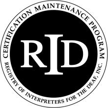 The image depicts the logo of RID, Registry of interpreters for the deaf, inc in black circle.