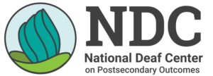 This image is a fullscreen banner with the text "NDC National Deaf Center on Postsecondary Outcomes" in black and the logo on the left of the name.