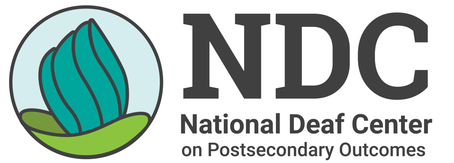 This image is a fullscreen banner with the text "NDC National Deaf Center on Postsecondary Outcomes" in black and the logo on the left of the name.