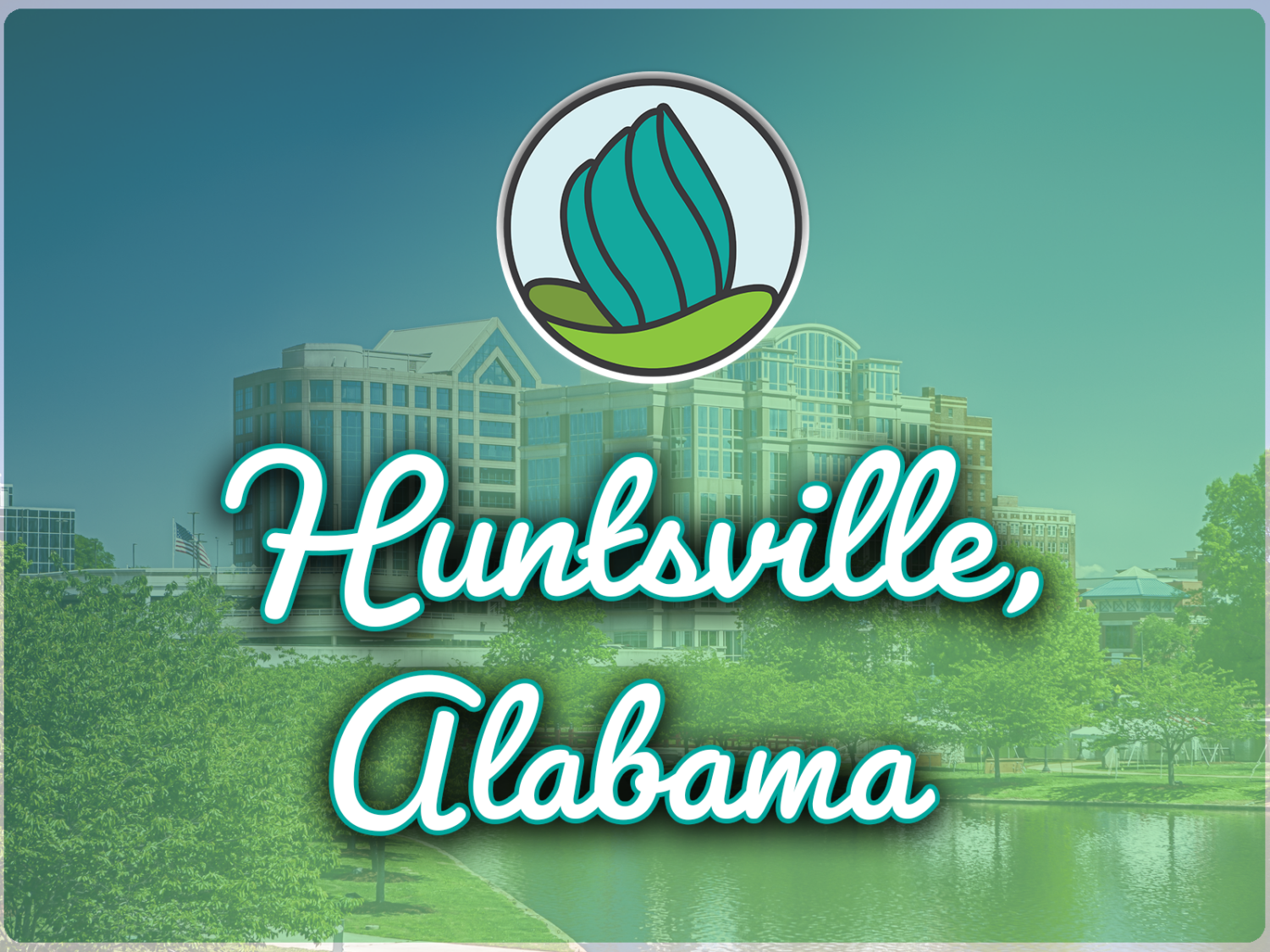 This image shows small lakes and trees with buildings in the background. In the top center, there is the logo of NDC and below there is the text " Huntsville Alabama"