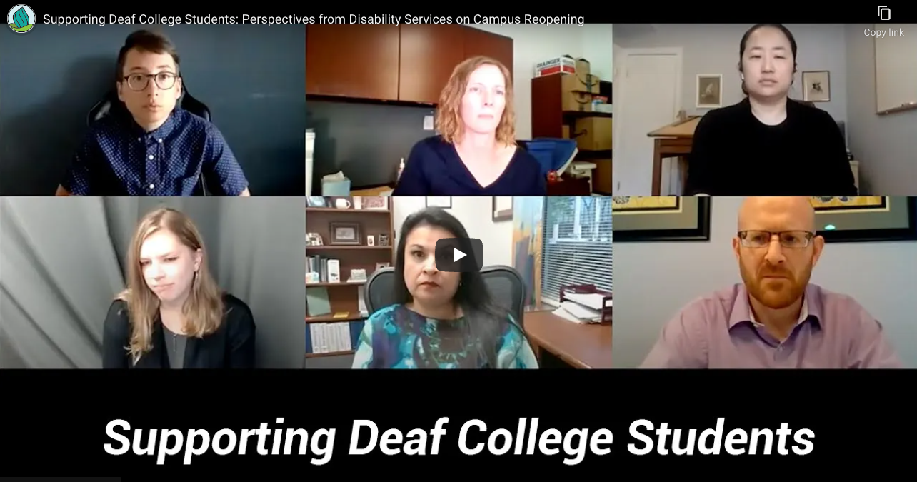 A video screenshot showing a group of people in a zoom conference about supporting deaf college students.
