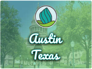 This image shows the Texas Capitol building and trees in the background. In the top center, there is the logo of NDC and below there is the text " Austin Texas "