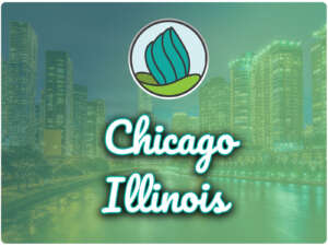 This image shows tall buildings illuminated during the night in the background. In the top center, there is the logo of NDC and below there is the text " Chicago Illinois"