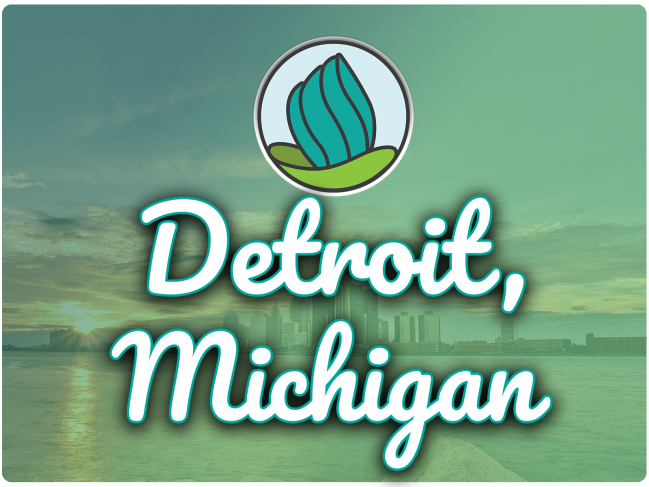 This image shows a water bay area with a tall building in the background. In the top center, there is the logo of NDC and below there is the text " Detroit Michigan"