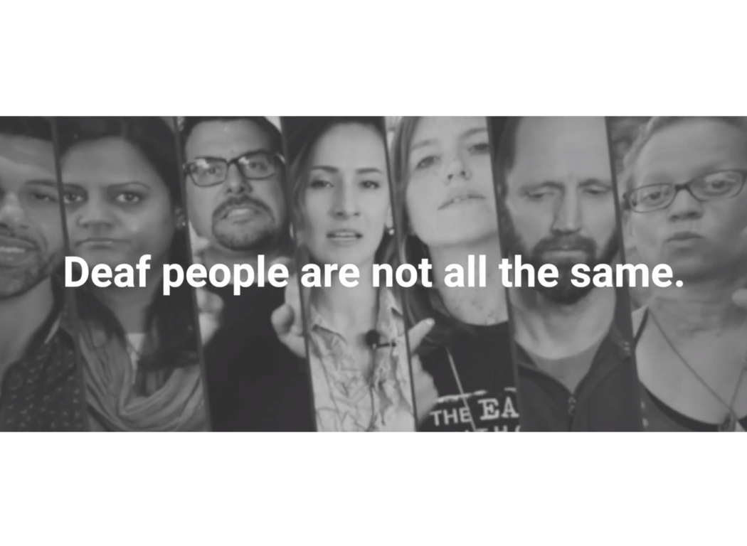 This is a horizontal black & white image with photographs of seven individuals one next to each other. In the middle of the image, there is a sentence that reads as " Deaf people are not all the same"