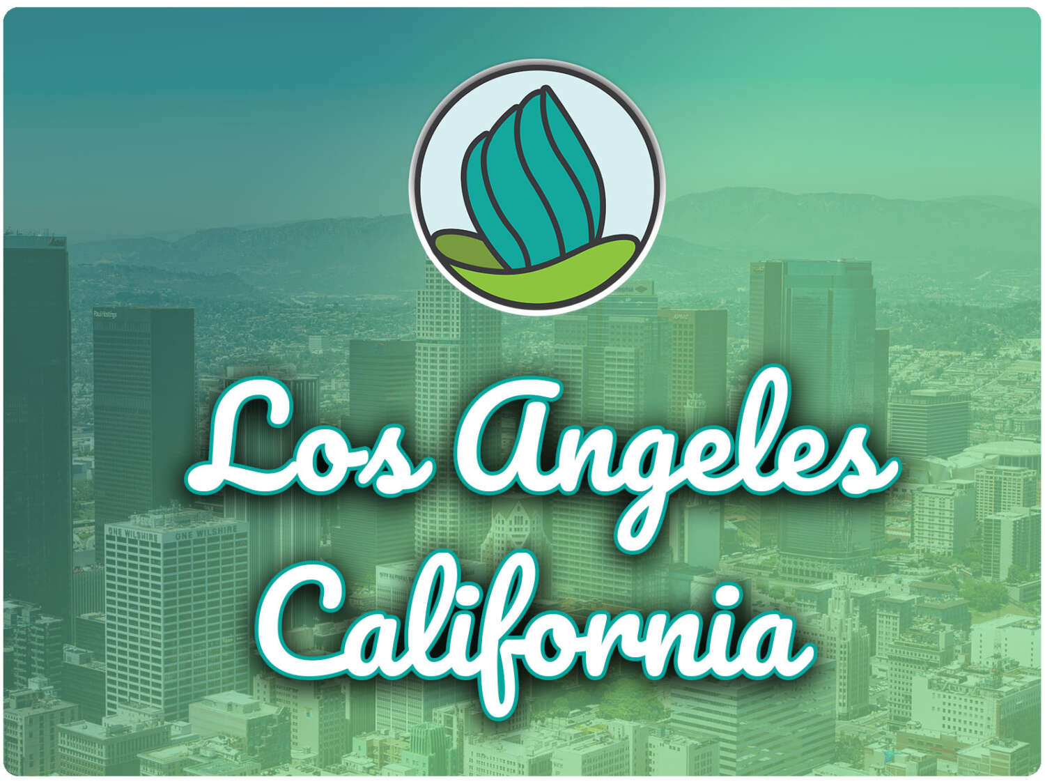 This image shows tall skyscrapers from the top in the background. In the top center, there is the logo of NDC and below there is the text " Los Angeles California"