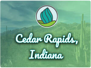 This image shows a desert area with cactus plants in the background. In the top center, there is the logo of NDC and below there is the text " Cedar Rapids Indiana"