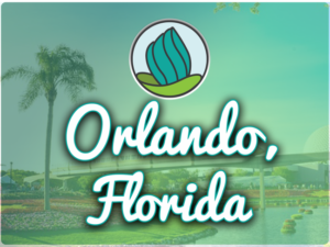 This image shows greenery and trees with a small bridge in the background. In the top center, there is the logo of NDC and below there is the text " Orlando Florida"