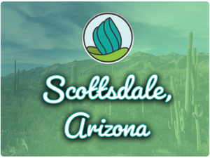This image shows a desert area with cactus plants in the background. In the top center, there is the logo of NDC and below there is the text " Scottsdale Arizona"