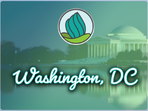 This image shows the Jefferson Memorial building in the background. In the top center, there is the logo of NDC and below there is the text " Washington DC"
