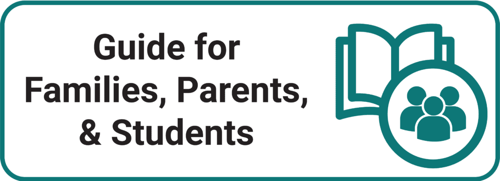 The image is a guide for families, parents, and students with a book clipart.