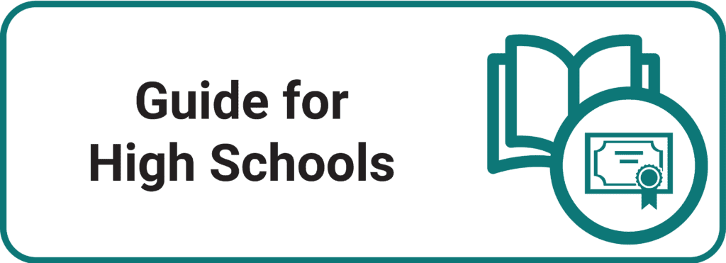The teal rectangle outline have a book clipart along with the text, "Guide for High Schools"