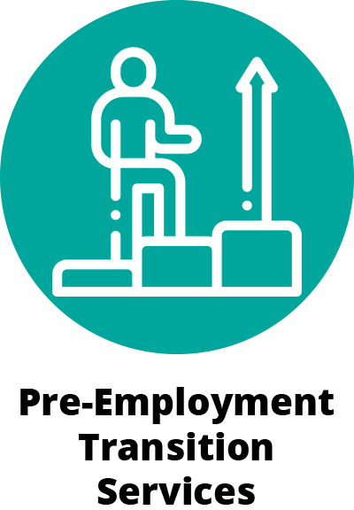 The image is a teal circle with a outline of a person walking up a stairs with the text "Pre-Employment Transition Services".