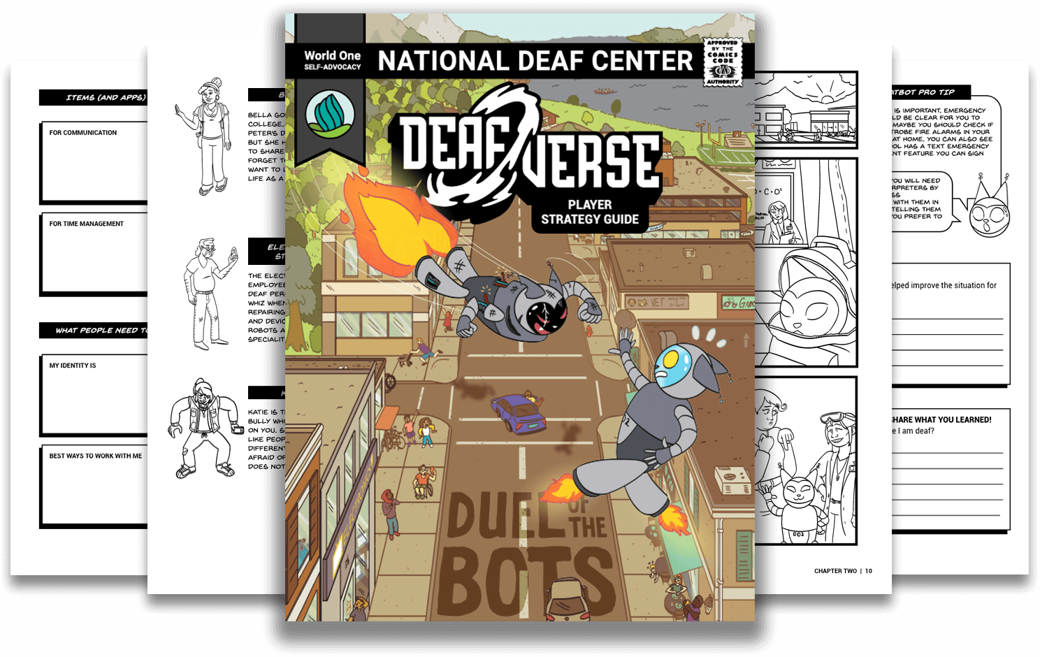 This image shows the pages along with the front cover of a Deafverse strategy guide.
