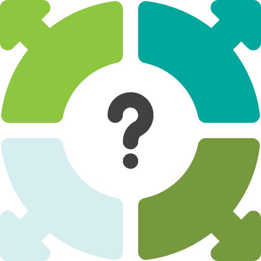 A clipart image of a circle with four different arrows and a question mark in the middle.