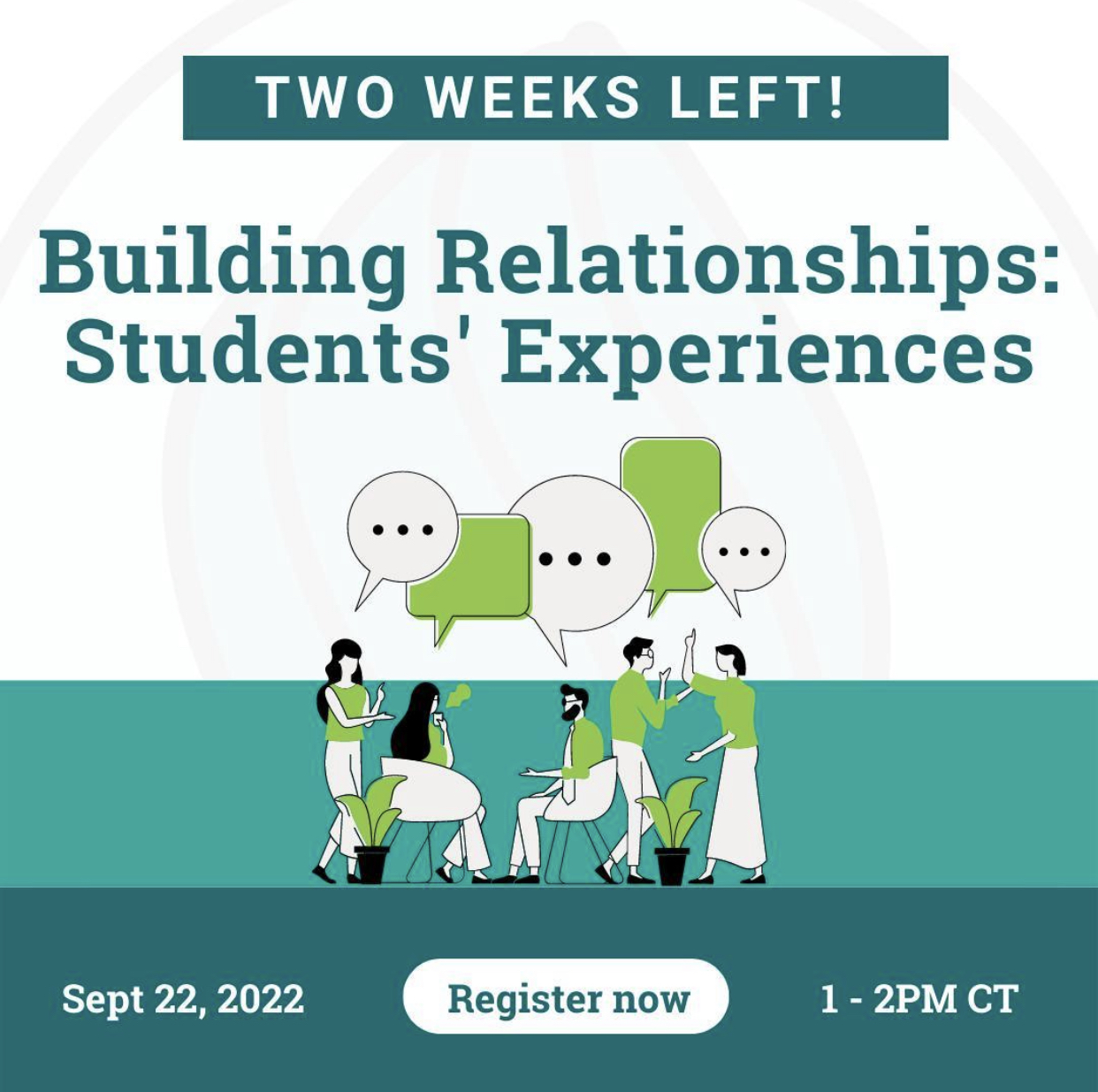 The image appears to be a screenshot of a graphical user interface displaying a text message or application interface. The message contains information about an event titled "Building Relationships: Students' Experiences" with a date and time for registration.