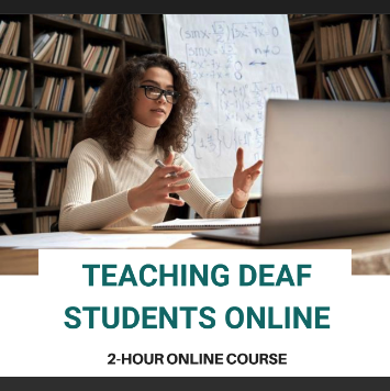 A brown long curly haired person in glasses appears to be engaged in a conversation in front of a laptop. The text shows "Teaching Deaf Students Online 2-hour online course"